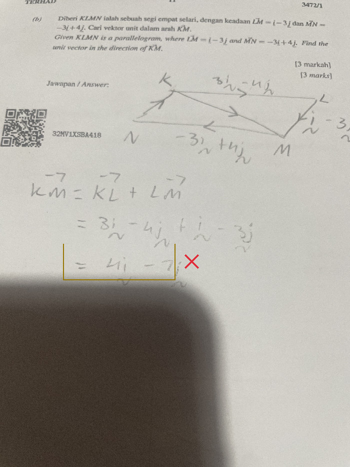 Working stops at the resultant vector KM without calculating the unit vector in the direction of KM.