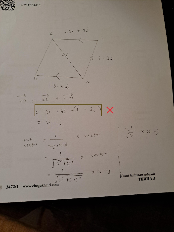 Vector LM was subtracted instead of added when determining the resultant vector KM.