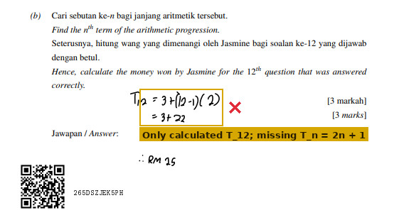 The value of T₁₂ was calculated correctly, but the general expression Tₙ = 2n + 1 was omitted.