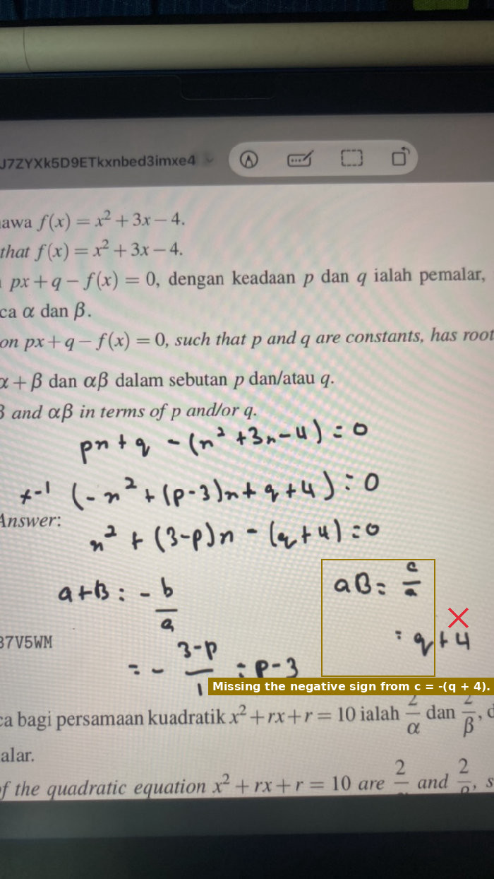 The sign for coefficient c was incorrectly taken as positive, giving a product of roots of q + 4 instead of -(q + 4).
