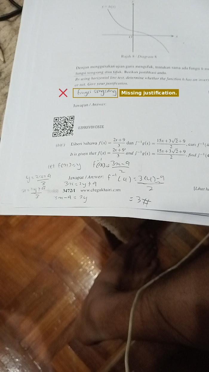 The answer only states "fungsi songsang" without providing any horizontal line test justification.