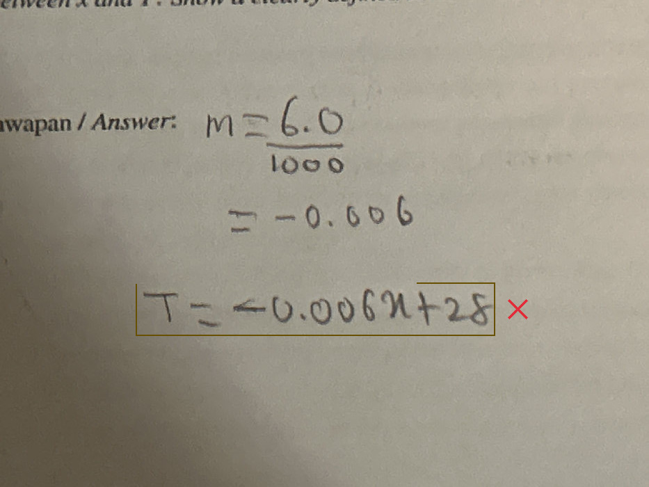 The linear equation is written correctly, but the graph of T against x is not drawn.