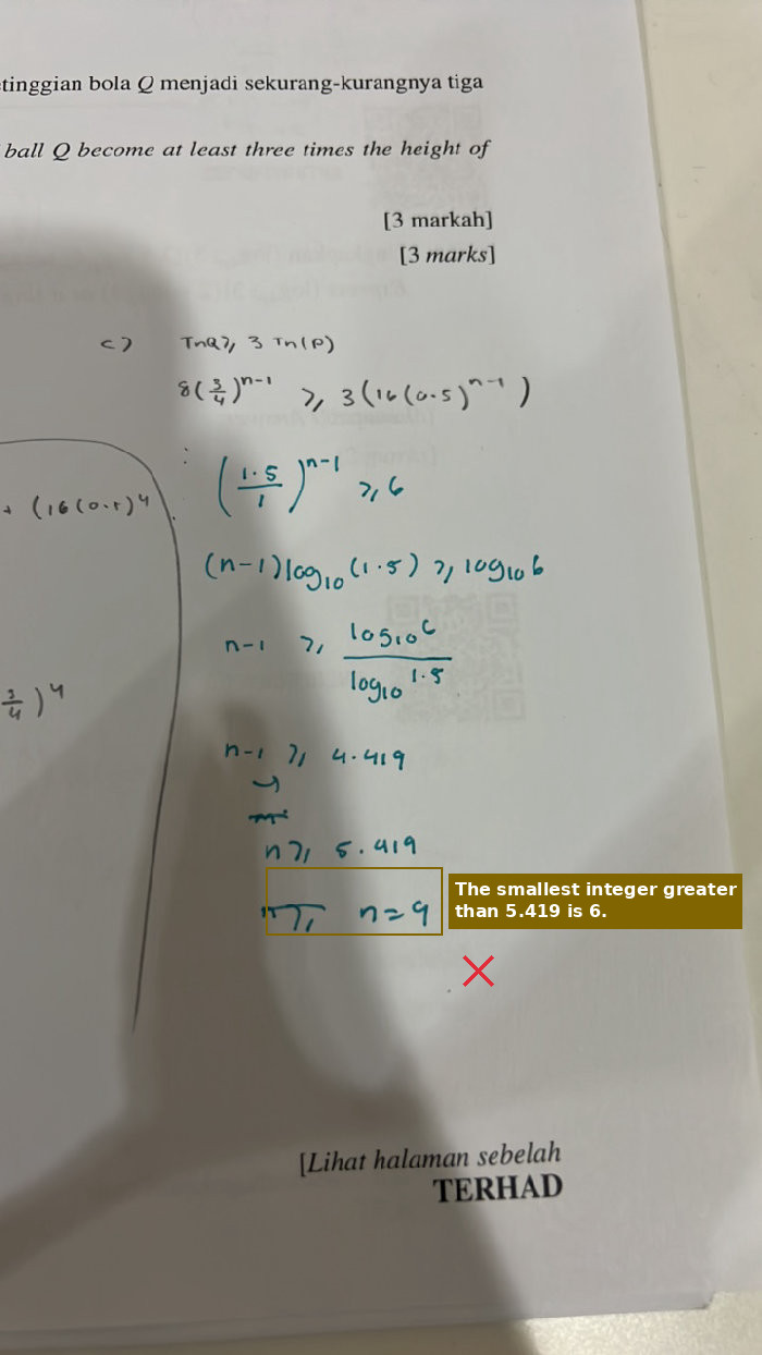 The calculation correctly yields n ≥ 5.419, but the final value of n is incorrectly stated as 9.