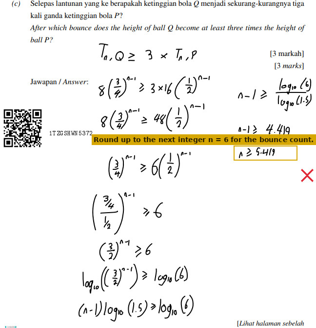Working stops at the decimal inequality n ≥ 5.419 without stating the integer n = 6.